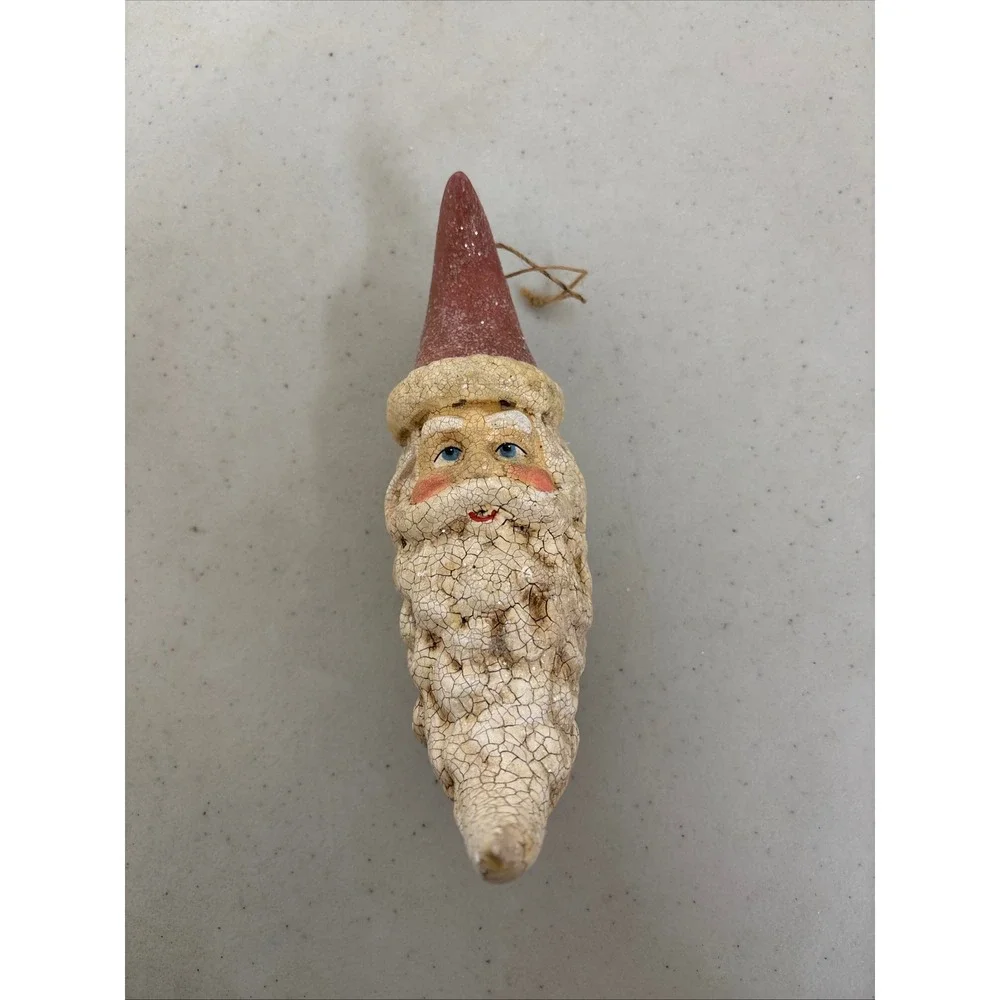 Rustic Santa Claus Head Ornament Crackle Glaze‎ Textured Red Hat Christmas Moon